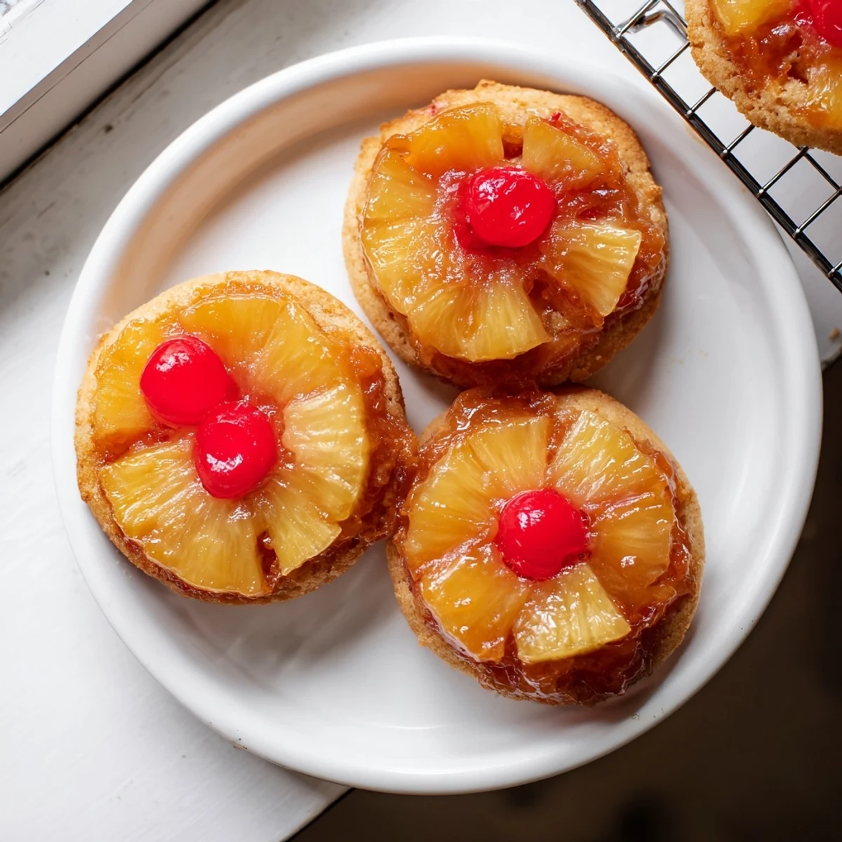 A close-up of warm Pineapple Upside Down Sugar Cookies reveals moist crumbs and glossy brown sugar glaze dripping over baked fruit.