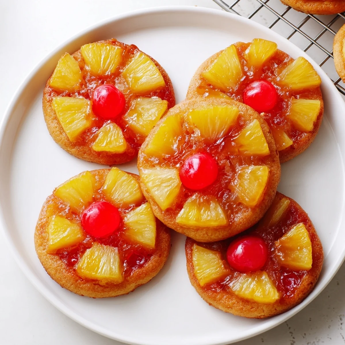 Freshly baked Pineapple Upside Down Sugar Cookies are arranged on a wooden board, ready to be served with a scoop of vanilla ice cream.