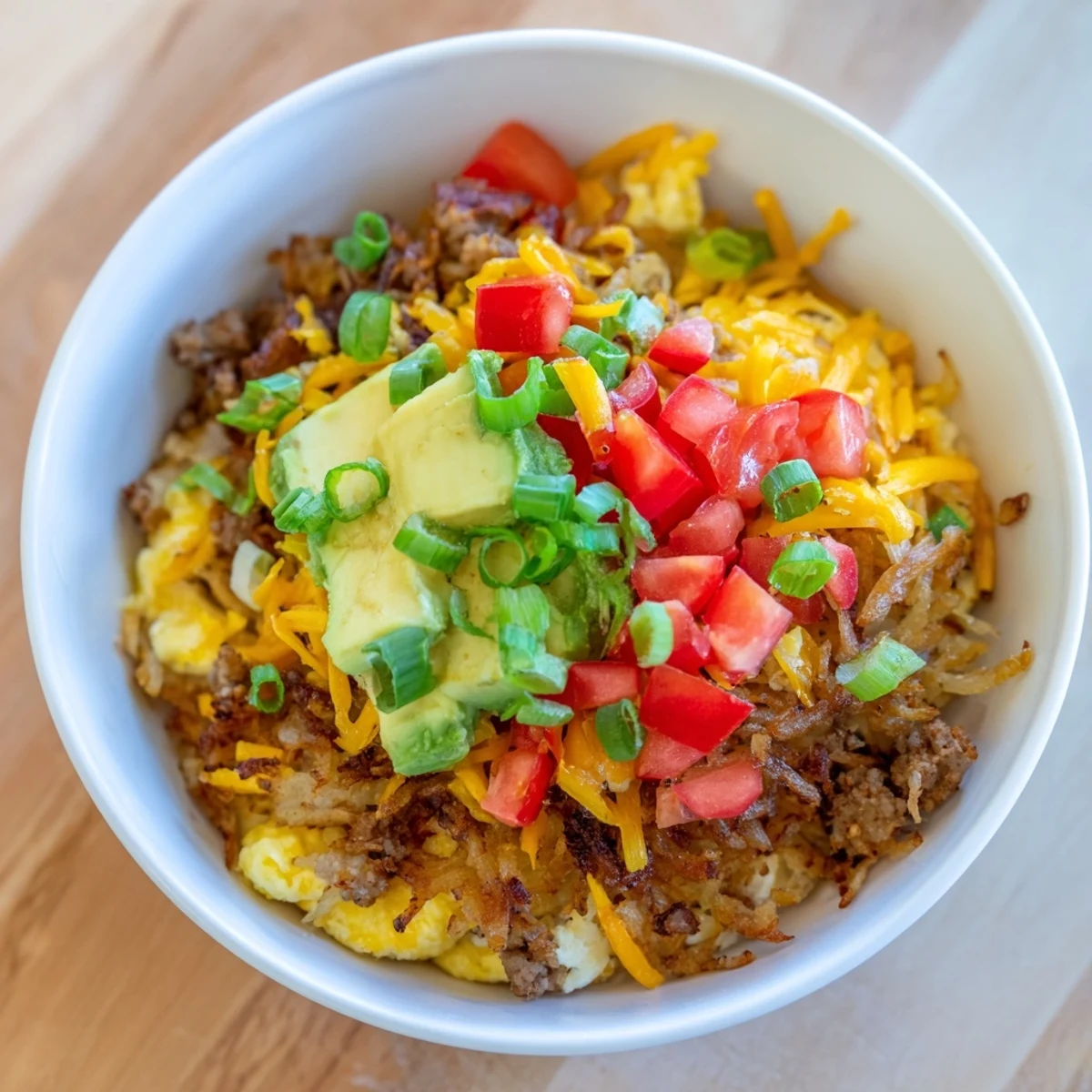 Colorful Hash Brown Breakfast Bowls with scrambled eggs, sausage, green onions, and creamy avocado slices.