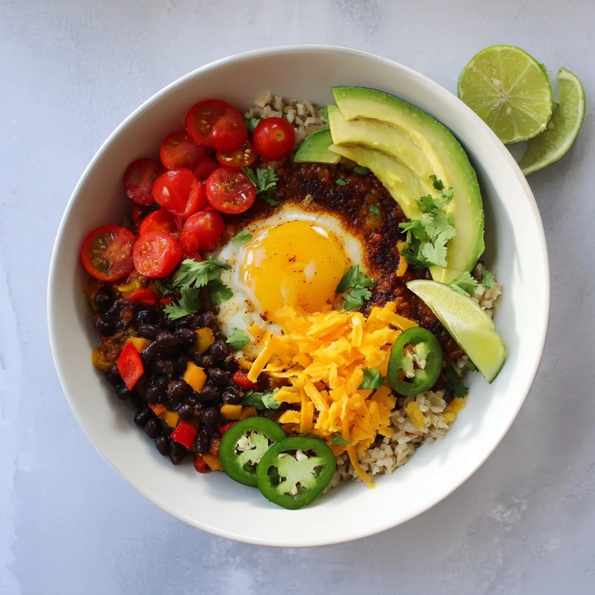 Freshly cooked Tex Mex Inspired Breakfast Bowls with fluffy scrambled eggs, black beans, and diced bell peppers on a bed of warm brown rice.