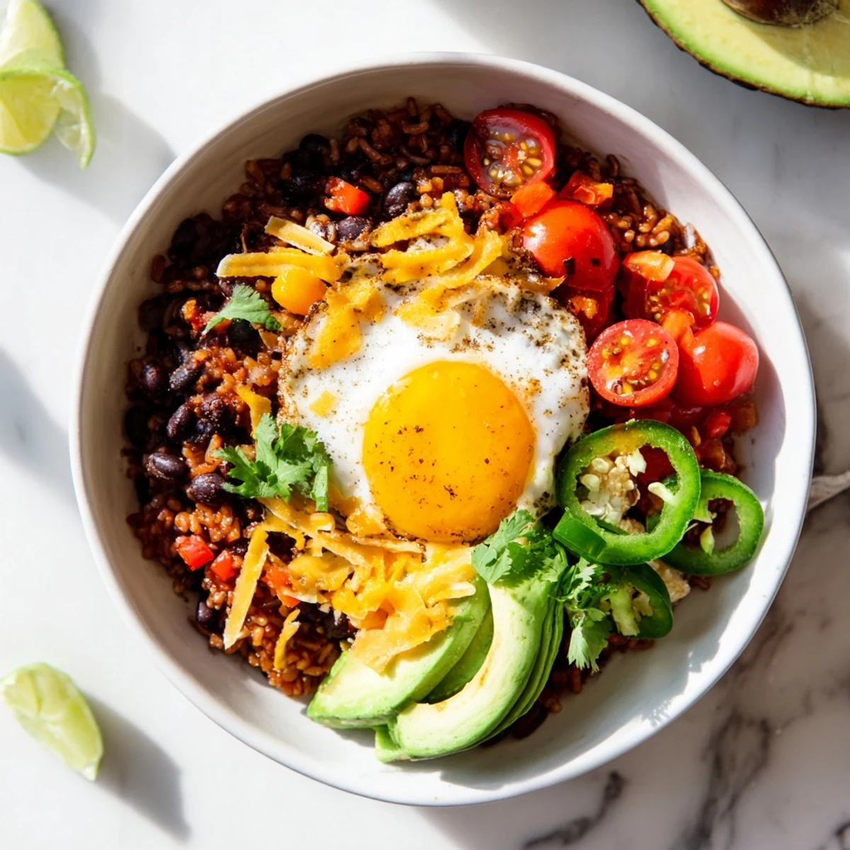 Tex Mex Inspired Breakfast Bowls topped with creamy avocado slices, melted cheddar cheese, and vibrant pico de gallo for a zesty morning kick.