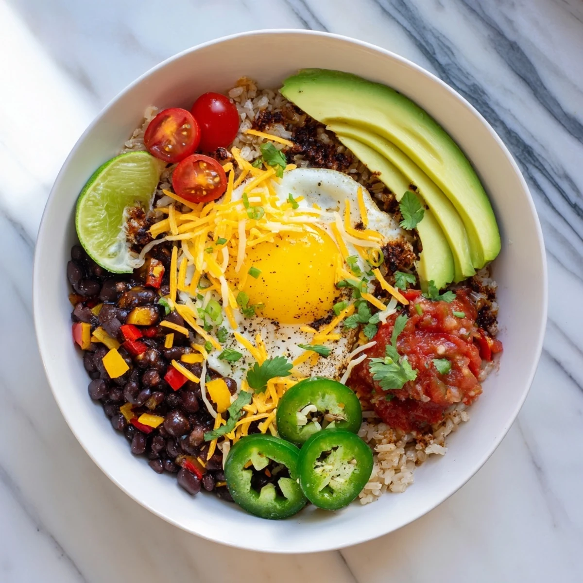 Colorful Tex Mex Inspired Breakfast Bowls featuring sunny eggs, fresh jalapeños, cilantro, and lime wedges ready to serve with a side of salsa.