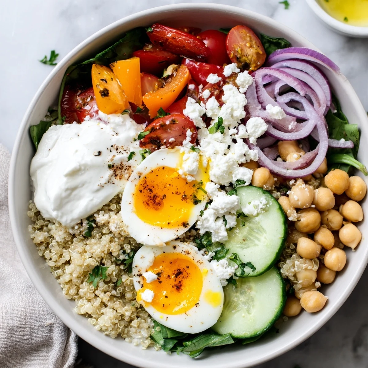 Freshly halved jammy eggs and creamy feta rest atop vibrant Mediterranean breakfast bowls with quinoa and chickpeas.