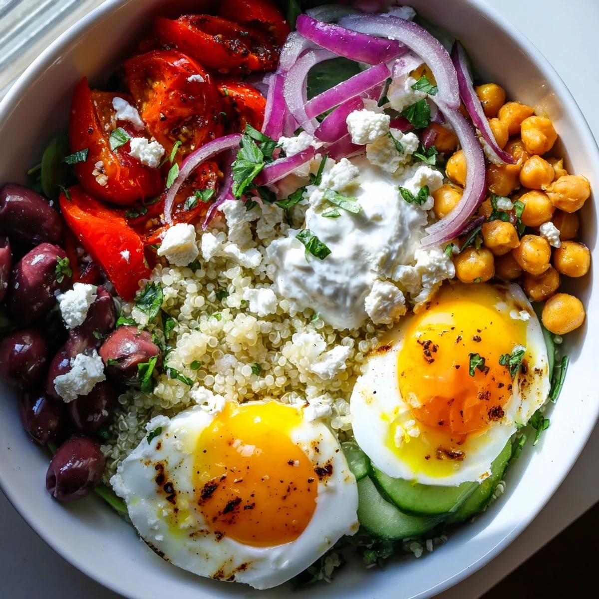 Sun-dried roasted red peppers and crisp cucumbers garnish these colorful high protein Mediterranean breakfast bowls.