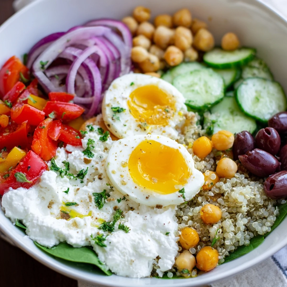 A drizzle of olive oil and fresh parsley enhances these wholesome high protein Mediterranean breakfast bowls served with lemon.