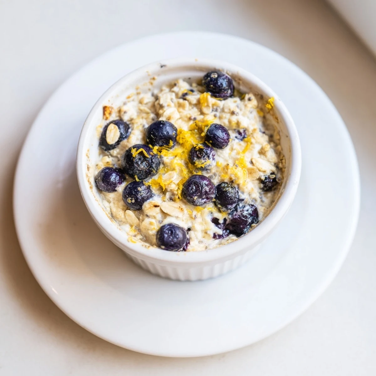A close-up view of creamy Baked Blueberry Cottage Cheese Breakfast Bowls, showing juicy blueberries and toasted almond topping.
