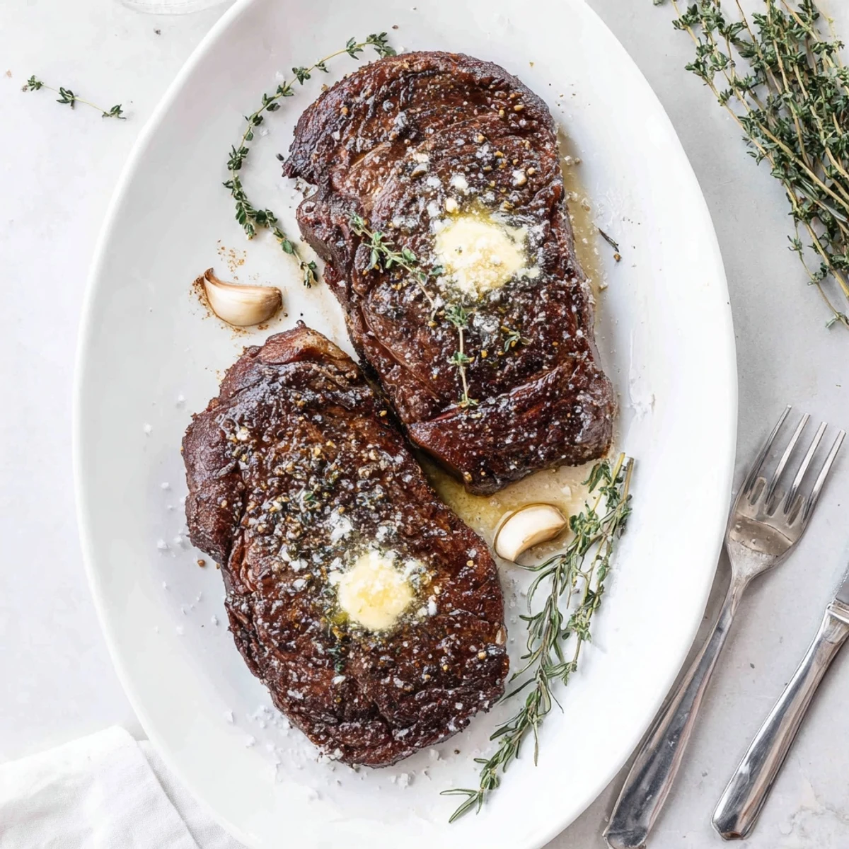 The Pan Seared Ribeye Steak sizzles with a golden-brown crust in a cast-iron skillet, topped with garlic butter and fresh herbs.