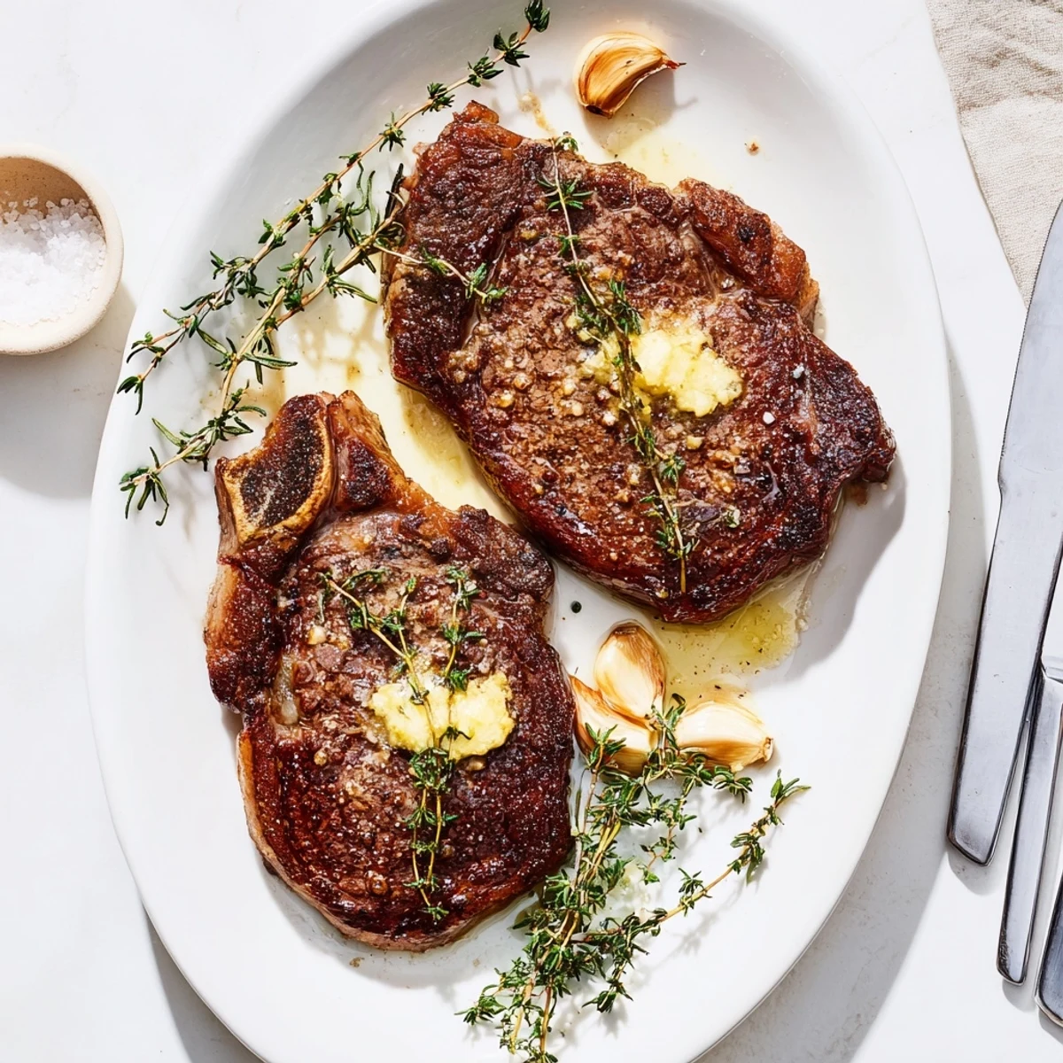 Perfectly plated Pan Seared Ribeye Steak on a rustic board, garnished with thyme and rosemary, ready to serve with mashed potatoes.