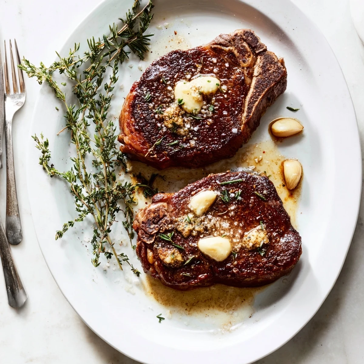 A close-up of the Pan Seared Ribeye Steak reveals a juicy, pink interior, sliced to show tender meat and aromatic herbs.