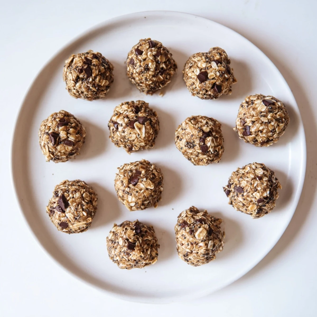 Close-up of Mint Chocolate Chip Protein Balls stacked on a white plate with oat flakes scattered nearby.