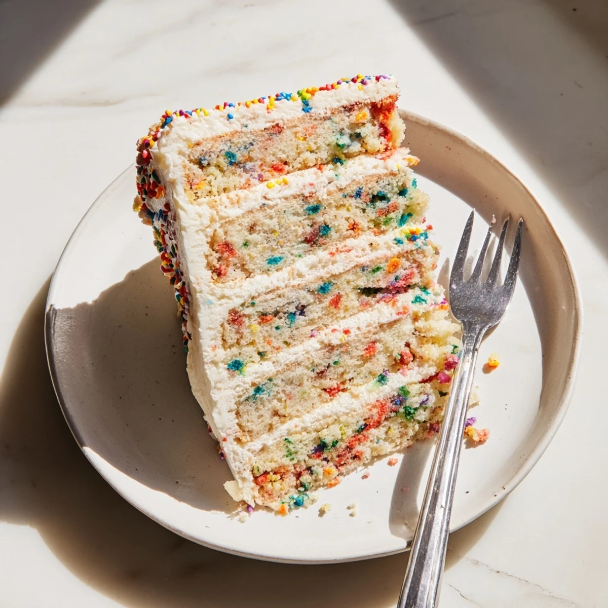 Freshly baked Milk Bar Birthday Cake layers with rainbow sprinkles on a cooling rack, ready for assembly.