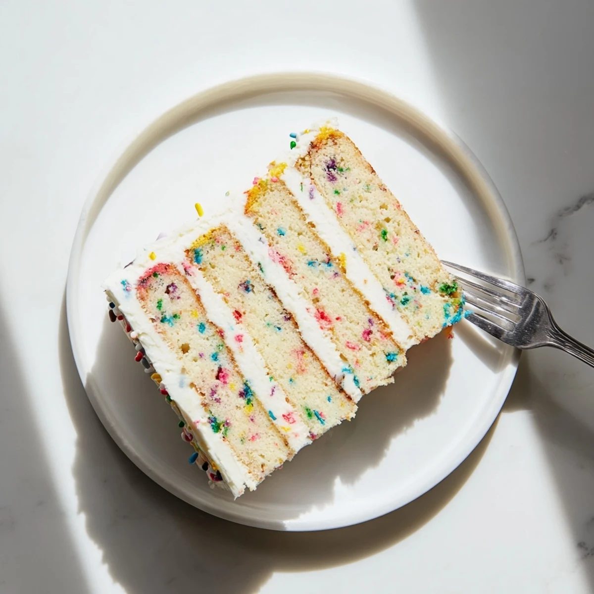 Sliced wedge of Milk Bar Birthday Cake on a white plate, showing moist vanilla crumb and creamy frosting.