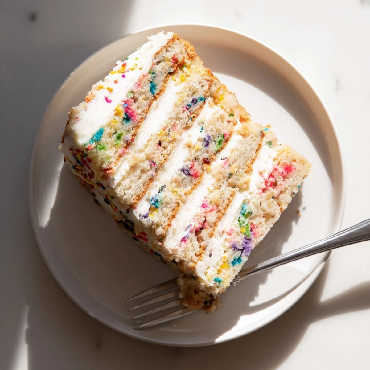 Plated slice of Milk Bar Birthday Cake topped with crunchy birthday cake crumbs and colorful sprinkles.