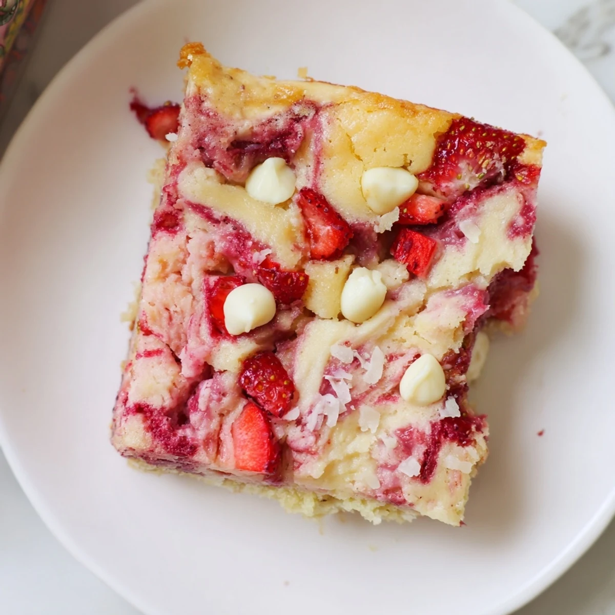 Freshly baked Strawberry Earthquake Cake with gooey cream cheese swirls and melted white chocolate chips.
