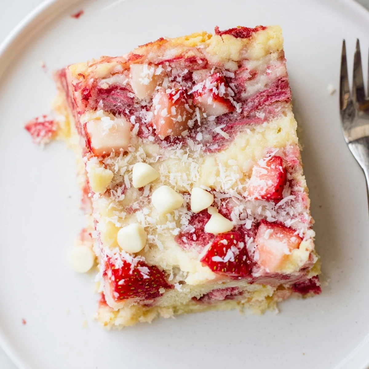 Strawberry Earthquake Cake topped with diced fresh strawberries and shredded coconut on a rustic table.