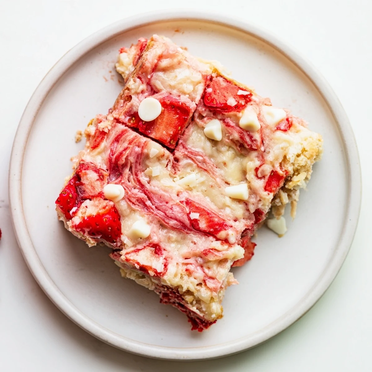 Serving a warm slice of Strawberry Earthquake Cake revealing molten cheesecake and strawberry pockets.