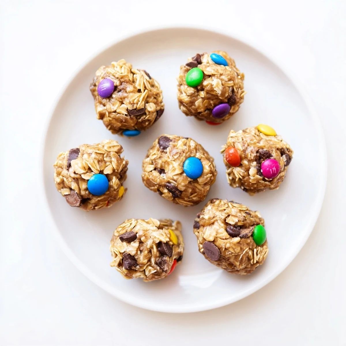 A close-up of no-bake Monster Cookie Protein Balls with oats, chocolate chips, and candy-coated chocolates on a marble board.