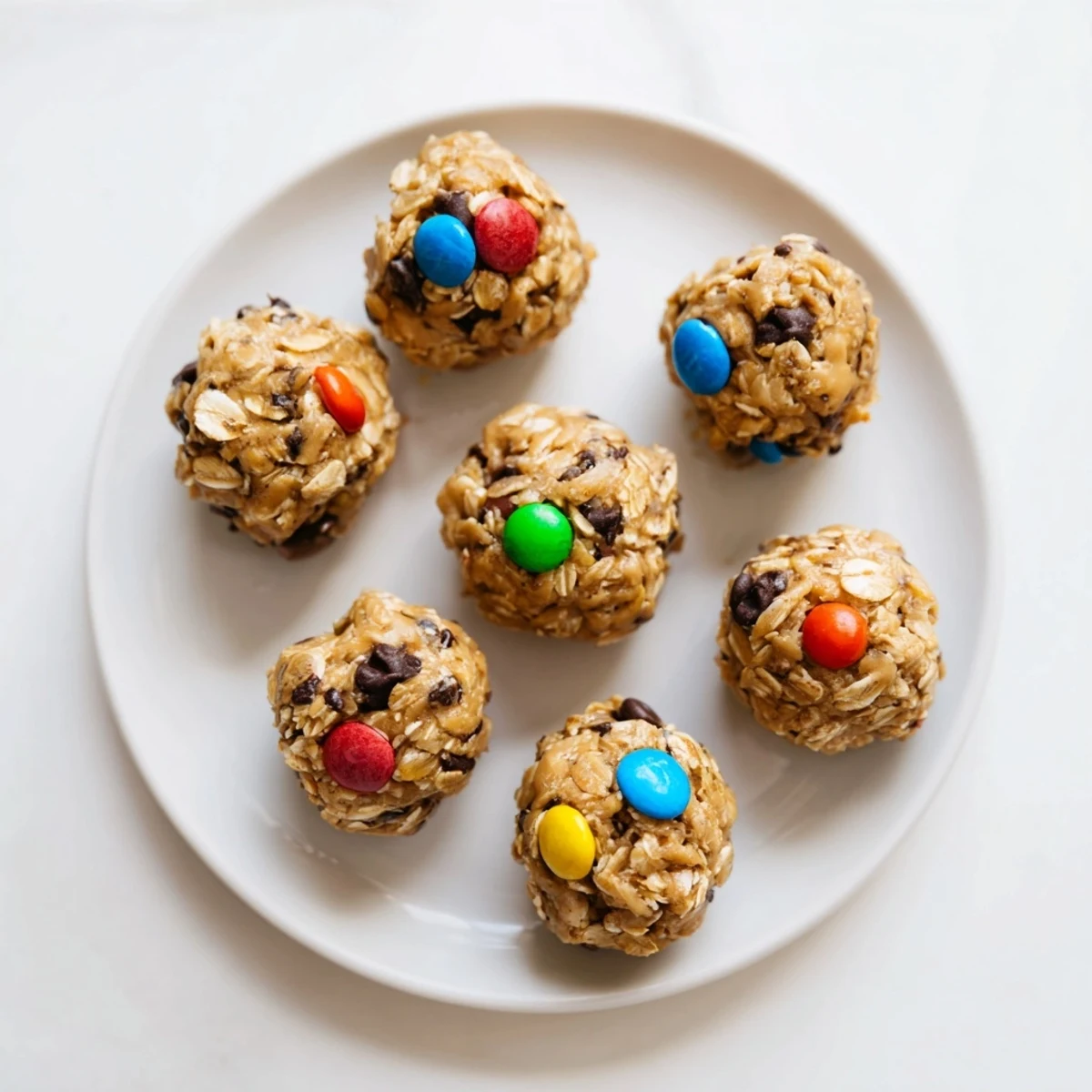Chewy Monster Cookie Protein Balls show melted chocolate chips and colorful M&Ms, perfect for a post-workout snack.