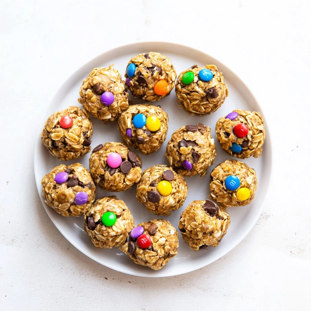 Stack of golden Monster Cookie Protein Balls with peanut butter base and candy-coated chocolates, served on a small plate.