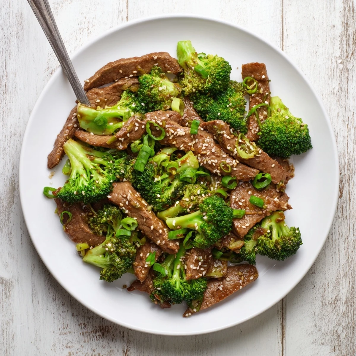 Restaurant-style Better Than Takeout Beef With Broccoli stir-fried in a hot wok, garnished with green onions and sesame seeds.
