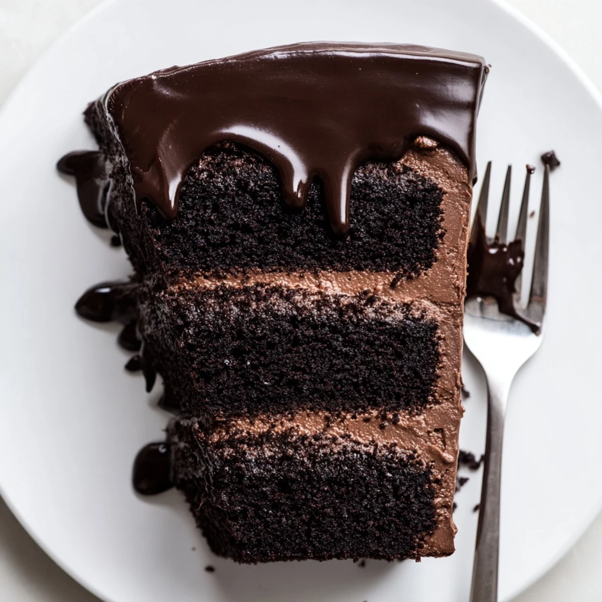 Triple Matilda Chocolate Cake is decorated with rich chocolate frosting and glossy ganache dripping down the sides.