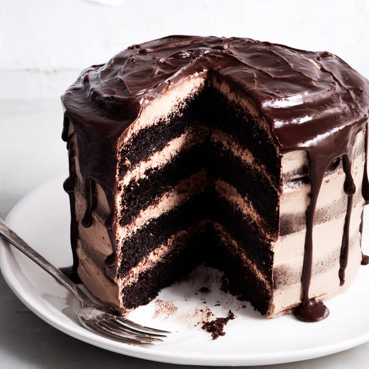 A slice of Triple Matilda Chocolate Cake is served on a white plate with fresh berries and creamy vanilla ice cream.