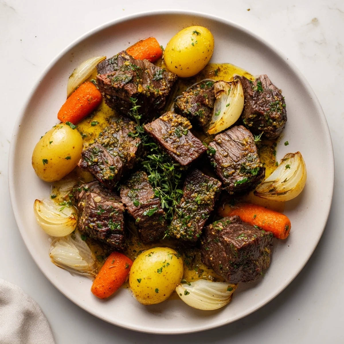 A hearty American dinner, garnished with fresh parsley and served straight from the slow cooker for an easy family meal.