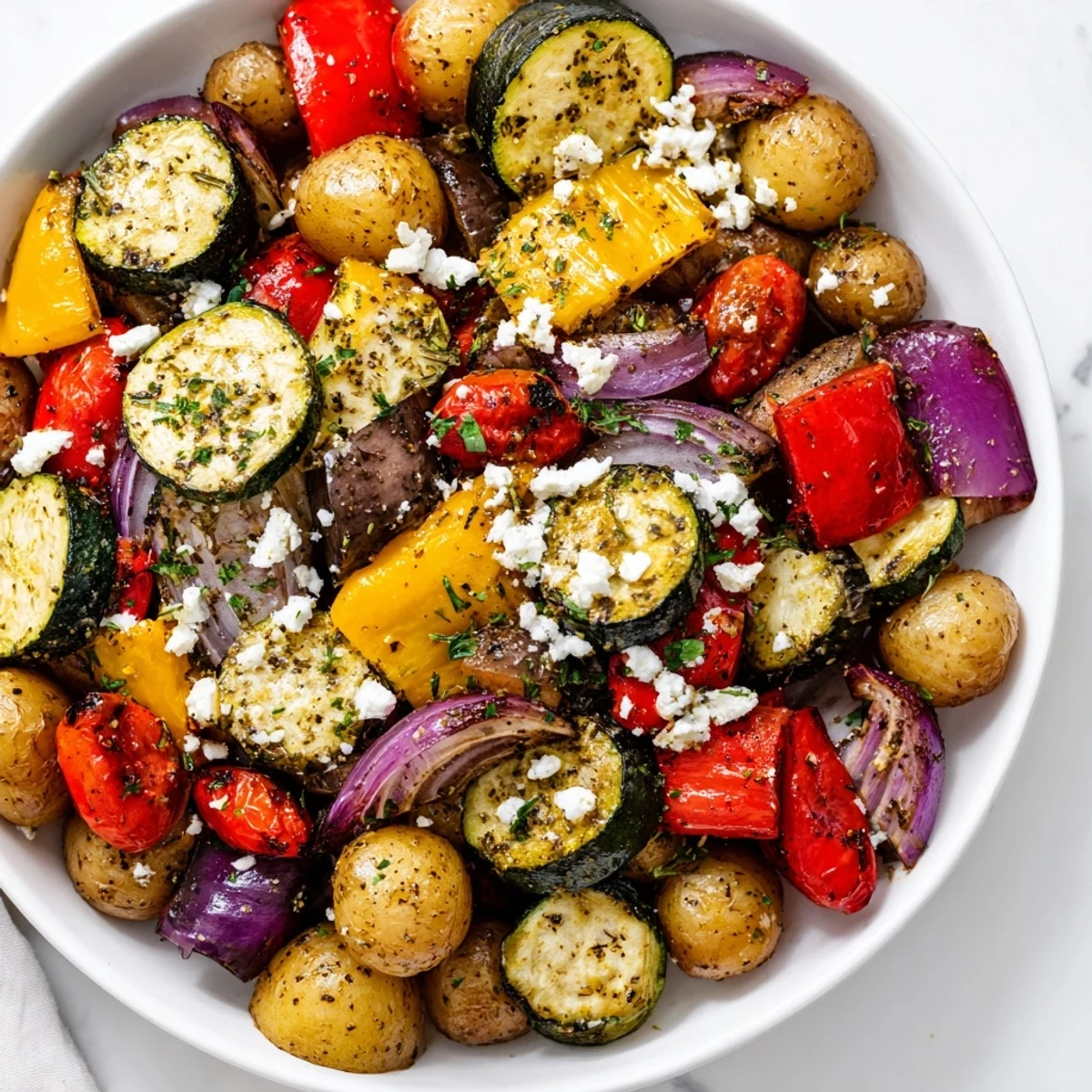 A close-up of One Pan Greek Vegetables featuring roasted zucchini, peppers, and eggplant with feta crumbles and parsley.