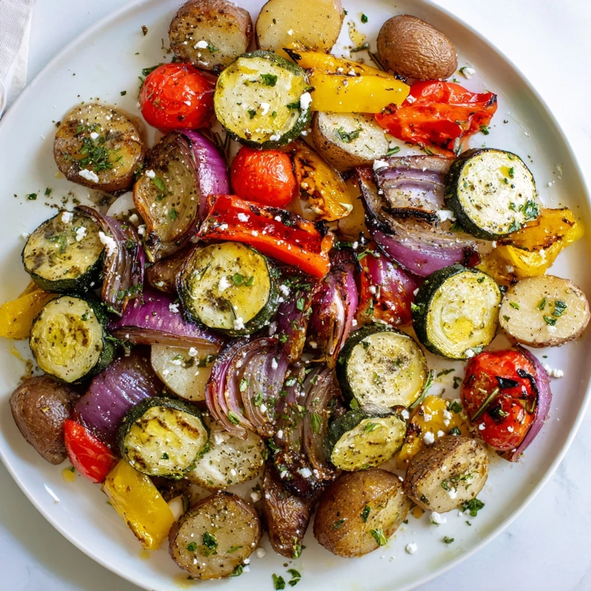 Roasted One Pan Greek Vegetables served warm in a pan with olives and lemon wedges, ideal for a quick dinner.