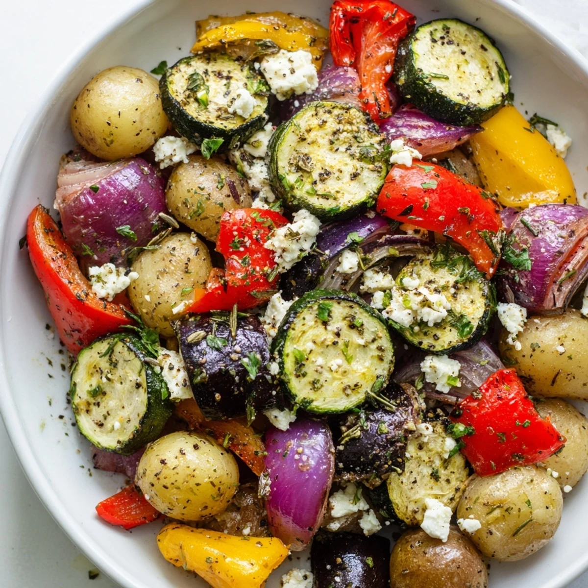 One Pan Greek Vegetables on a white plate with a side of quinoa and grilled chicken for a healthy Mediterranean meal.