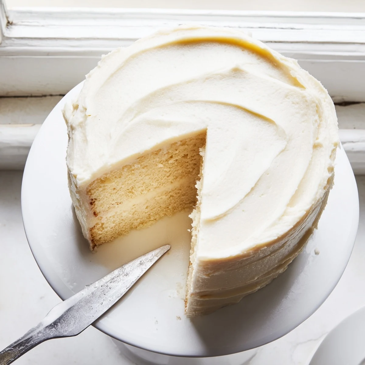 Freshly baked Perfect Vanilla Cake layers stacked and frosted with creamy buttercream, a classic American dessert recipe.
