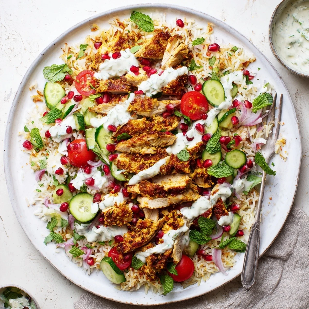 Golden shawarma-spiced chicken sits atop crispy rice with fresh vegetables and creamy yogurt-tahini dressing