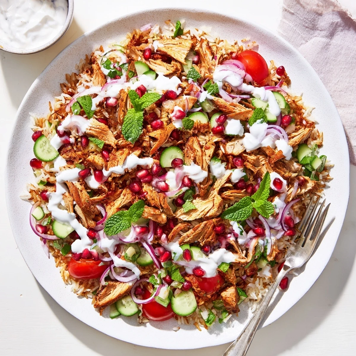 Vibrant Middle Eastern salad featuring aromatic chicken, crunchy rice, tomatoes, cucumber, and tangy tahini sauce