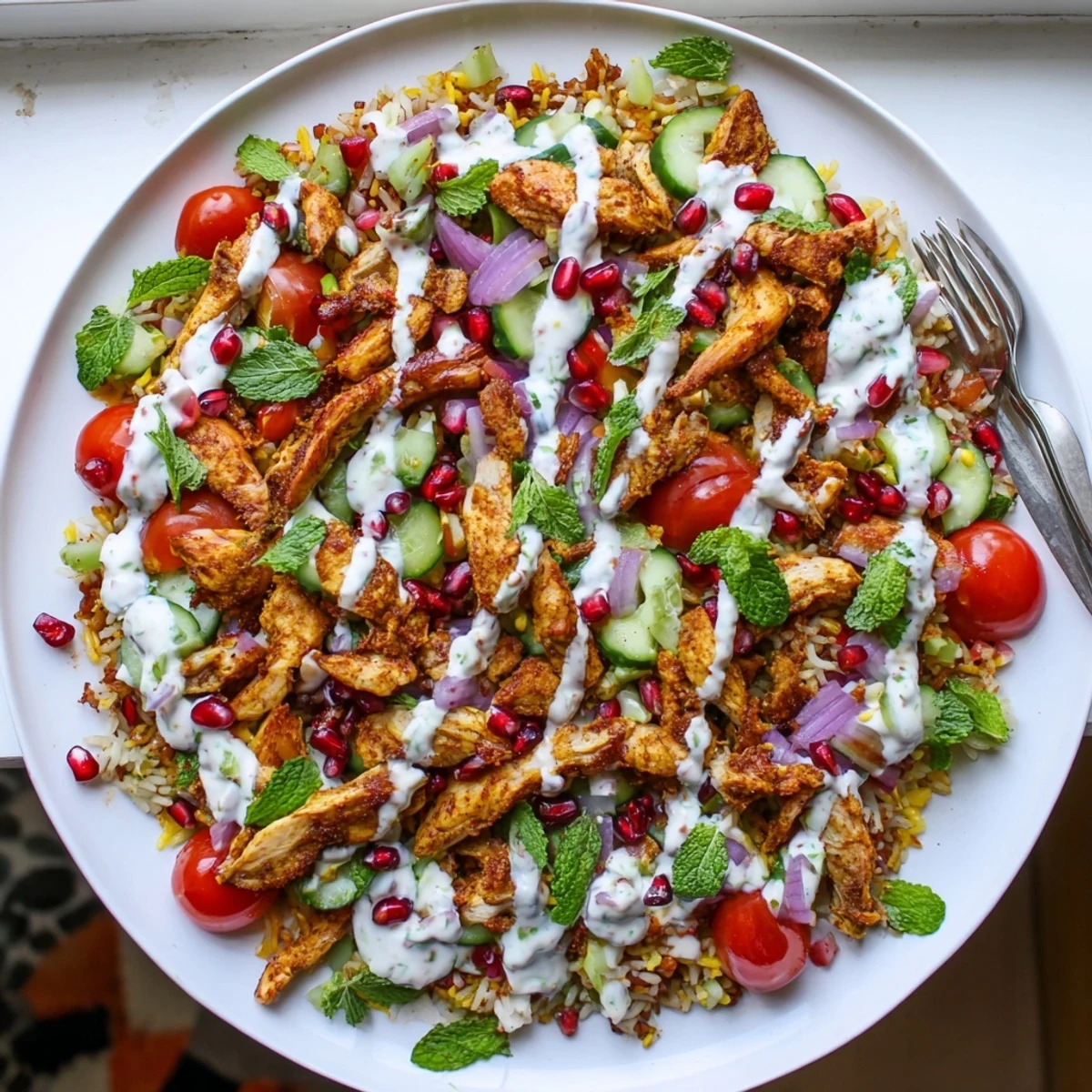 Colorful bowl of spiced chicken and crispy rice layered with herbs, veggies, and pomegranate seeds