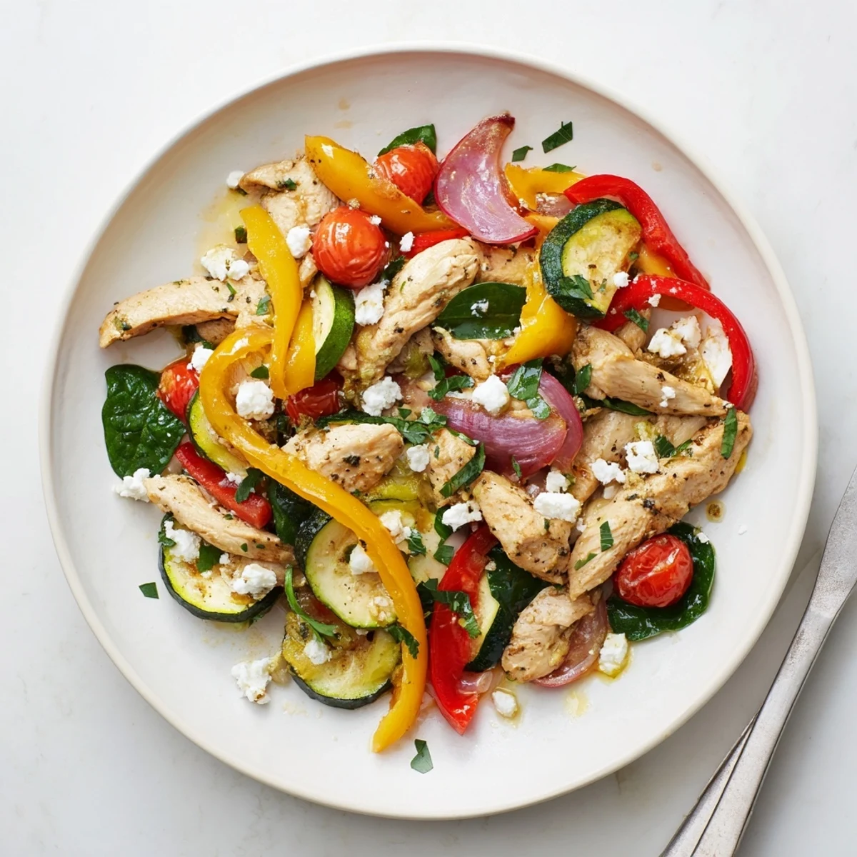 Fresh herb and lemon marinated chicken stir fried with crisp vegetables in a vibrant Mediterranean chicken stir fry