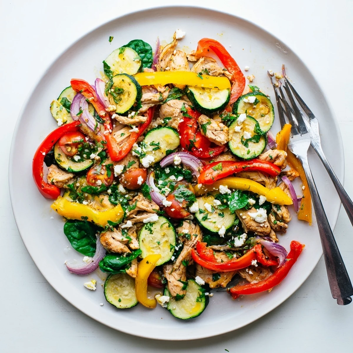 Golden chicken pieces nestled among colorful bell peppers, zucchini, and tomatoes in this Mediterranean chicken stir fry