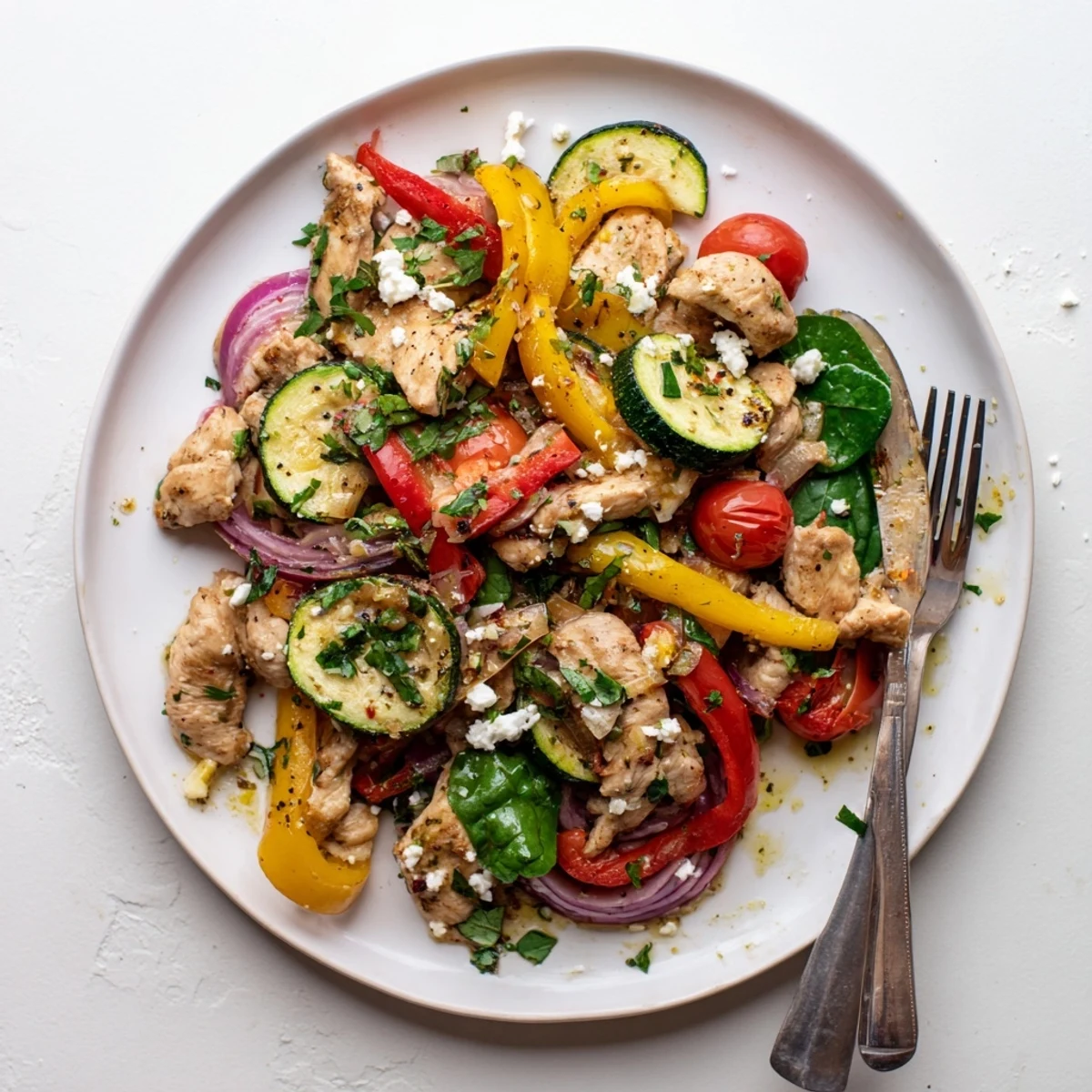 Savory skillet of Mediterranean chicken stir fry topped with crumbled feta and chopped parsley over tender spinach