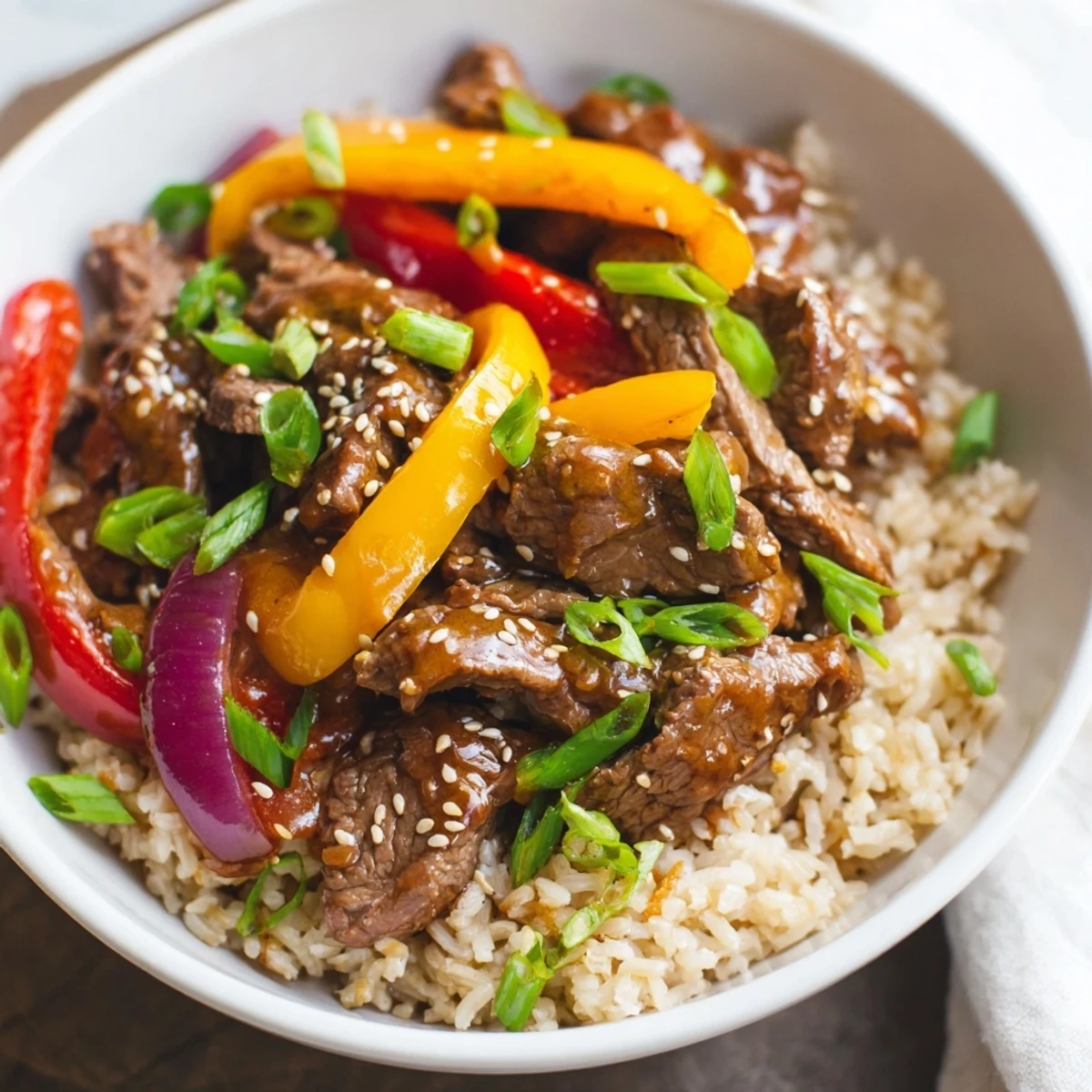 Colorful healthy beef and pepper rice bowl with crisp vegetables and savory sauce
