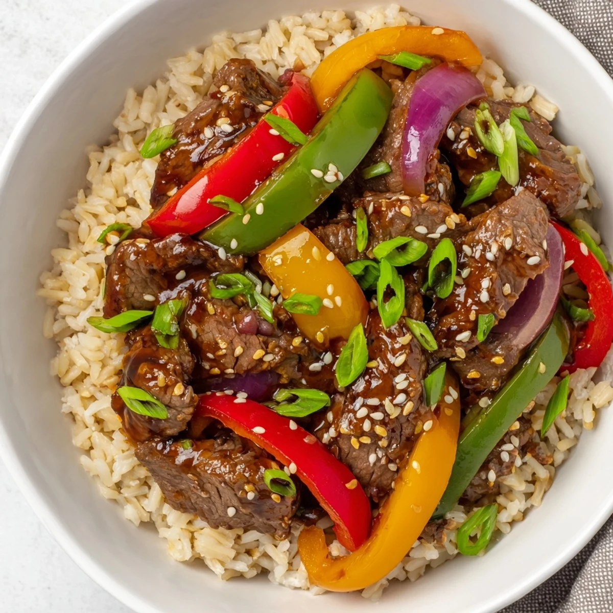 Healthy beef and pepper rice bowl featuring tender sliced steak over brown rice