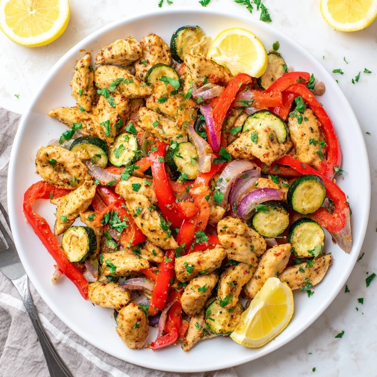 Golden chicken strips tossed with colorful bell peppers and zucchini in this Mediterranean chicken stir fry