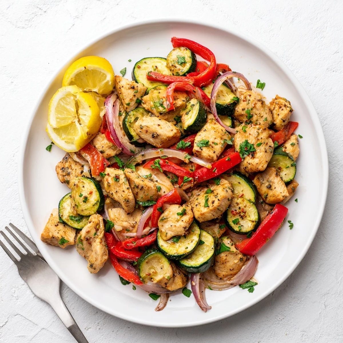 Sizzling skillet of juicy chicken and fresh vegetables in a vibrant Mediterranean chicken stir fry dish