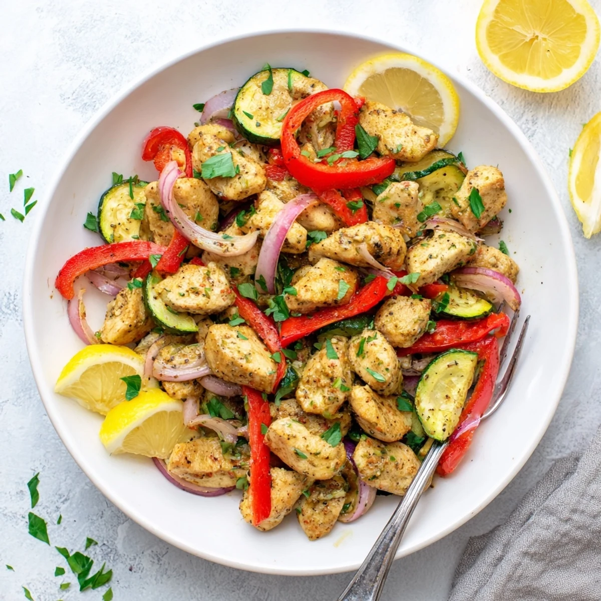 Plated Mediterranean chicken stir fry featuring tender meat, crisp veggies, and a sprinkle of fresh parsley
