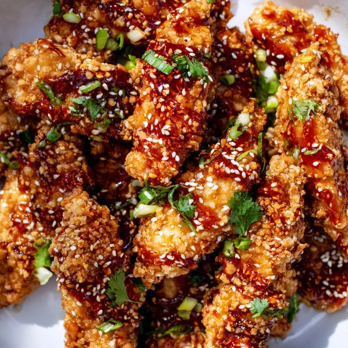 Golden crispy Thai sticky chicken fingers glazed with sweet spicy sauce and sesame seeds