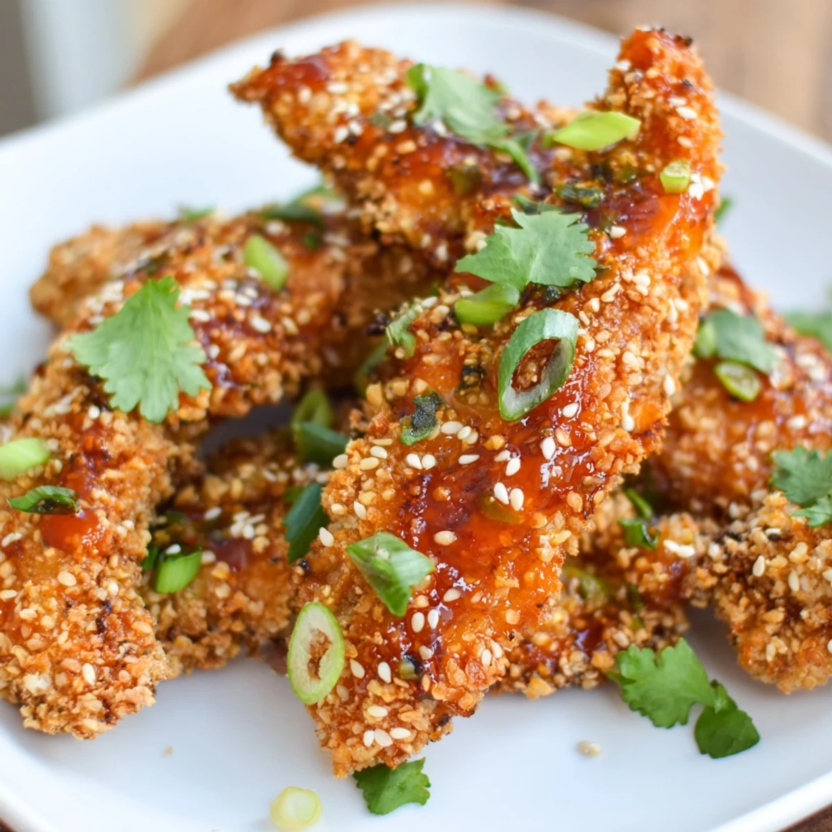 Oven-baked chicken tenders coated in panko then tossed in tangy Thai chili glaze