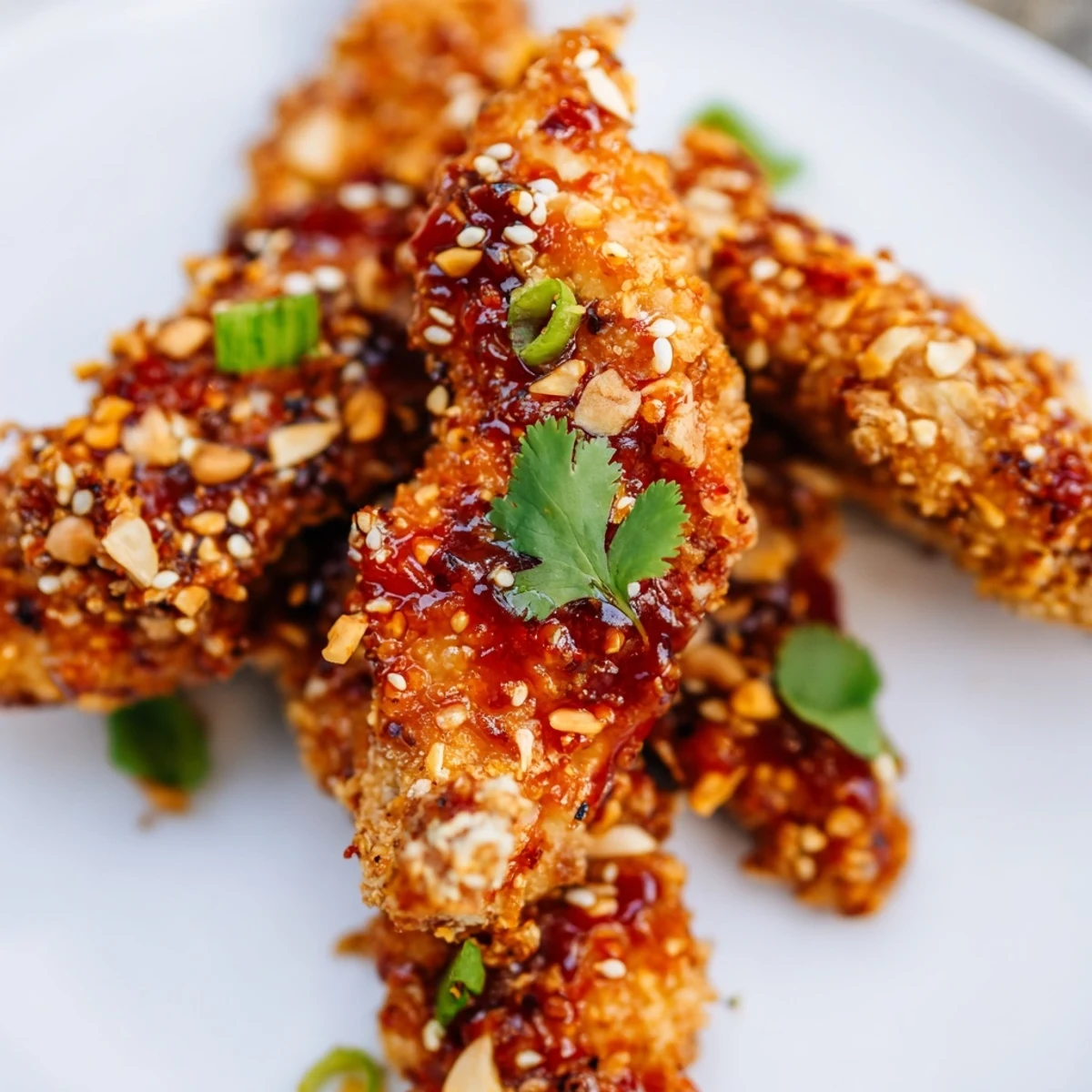 Plate of sticky Thai chicken fingers garnished with fresh spring onions and cilantro