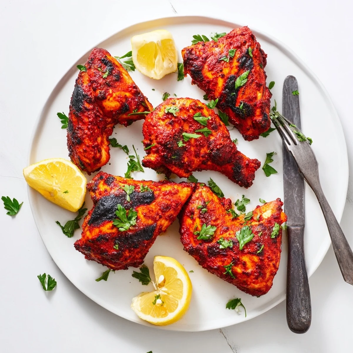 Spicy grilled Peri Peri chicken Portuguese style served with fresh lemon wedges and chopped green parsley garnish