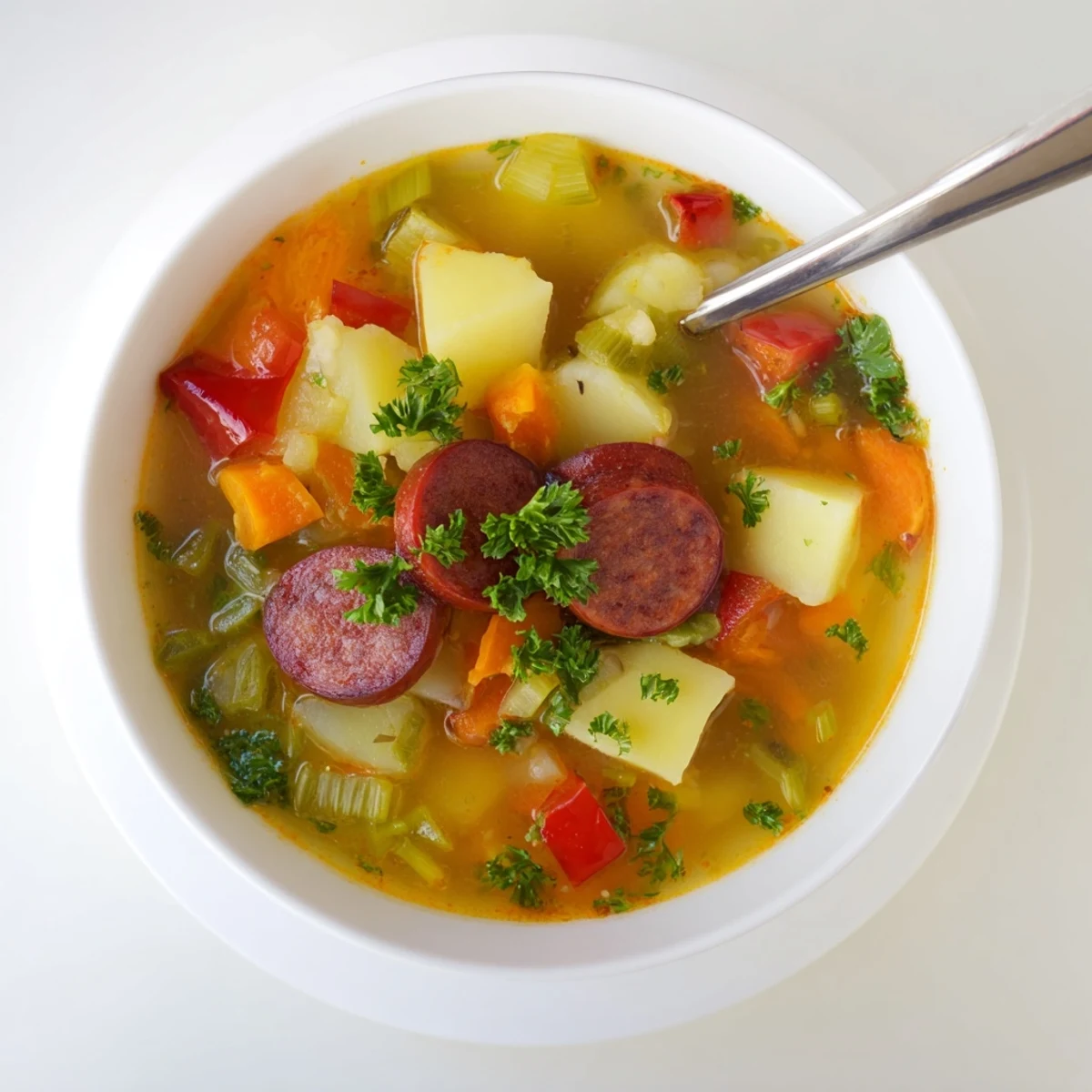 Creamy Spanish potato soup with chorizo garnish, sprinkled with fresh parsley in a rustic bowl