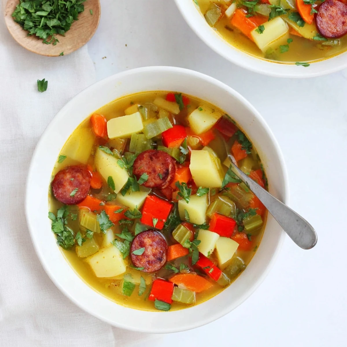 Steaming Spanish potato soup with chorizo and potatoes, topped with crispy sausage and parsley