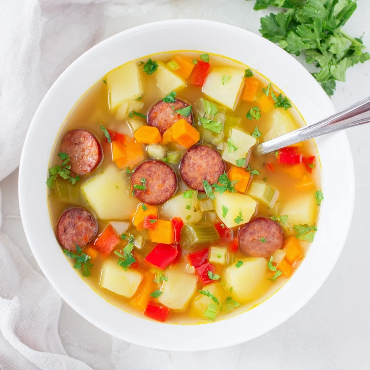 Hearty bowl of Spanish potato soup with smoky chorizo slices and tender diced vegetables