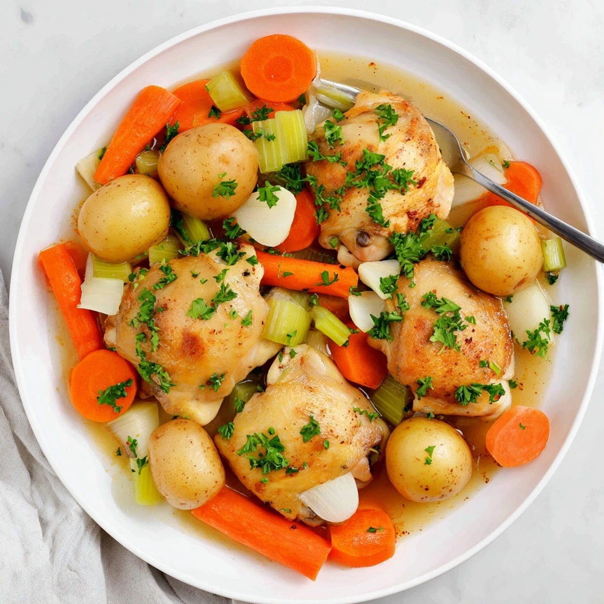 Tender healthy savory slow cooker chicken with vegetables served in a white bowl